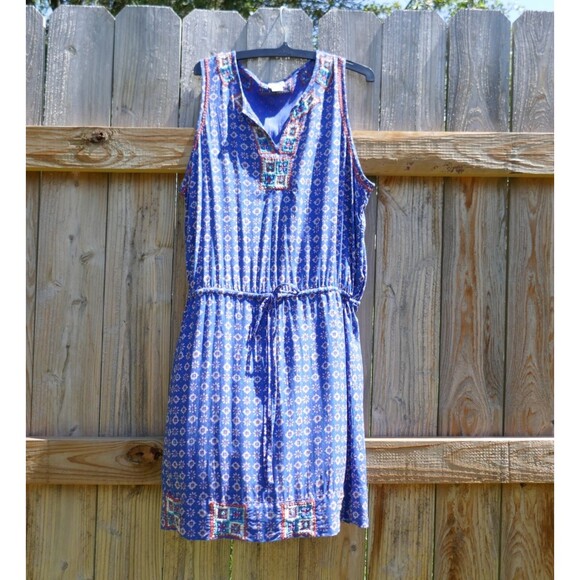 Irving & Fine Womens Large Dress Tank Sleeveless Floral Blue Blouson Pullover - Picture 1 of 8